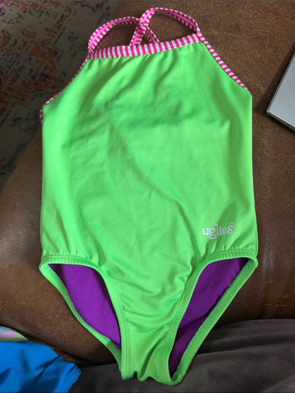 Dolfin Uglies Girls' Neon Green One-Piece Swimsuit with Pink Trim